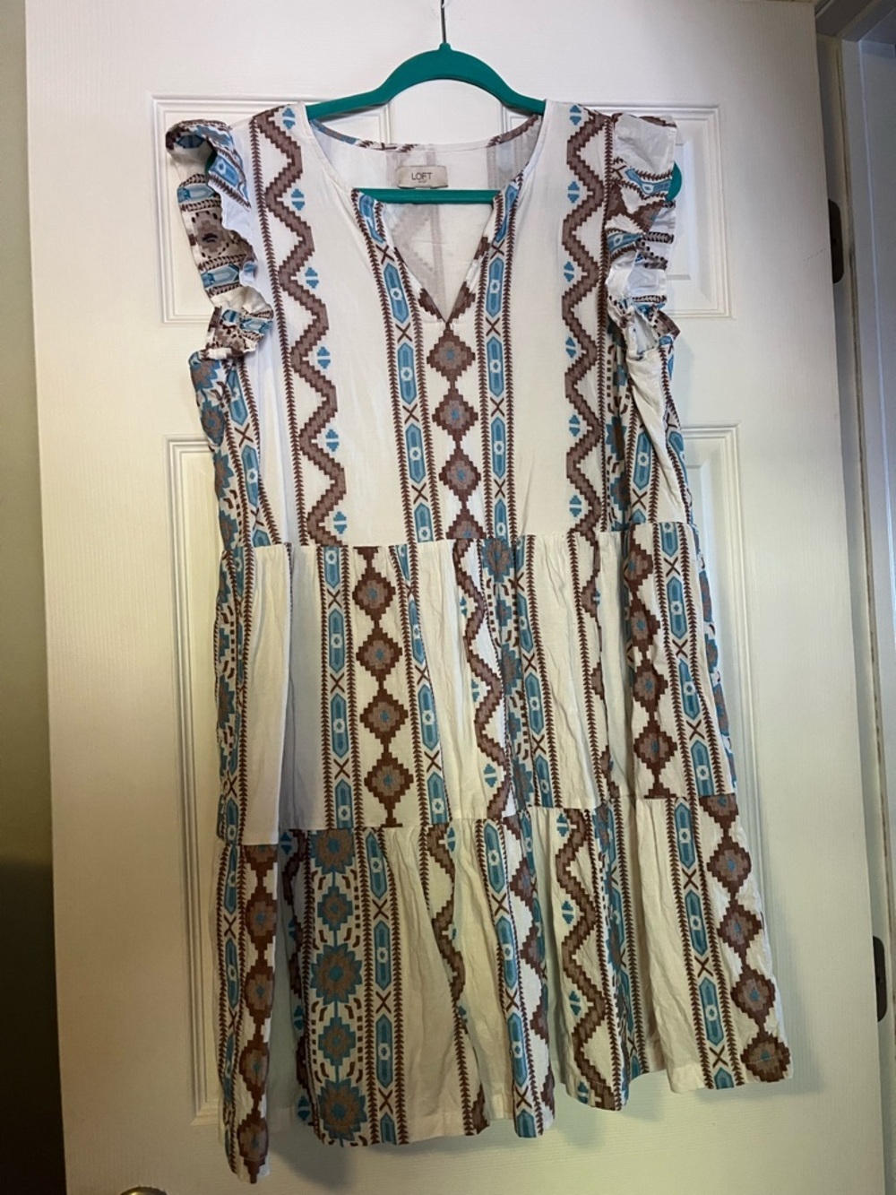 LOFT Cream Midi Dress with Blue and Brown Aztec Stripe